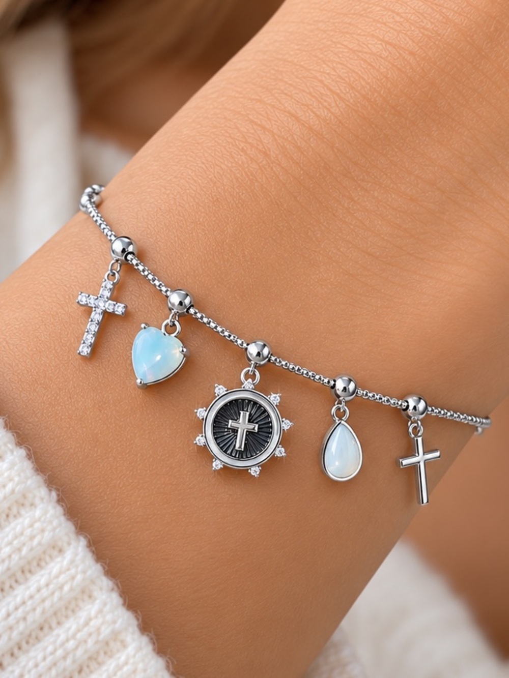 Brilliance Faith Silver Plated Cross & Heart Charm Bracelet with gift 🎁 box.